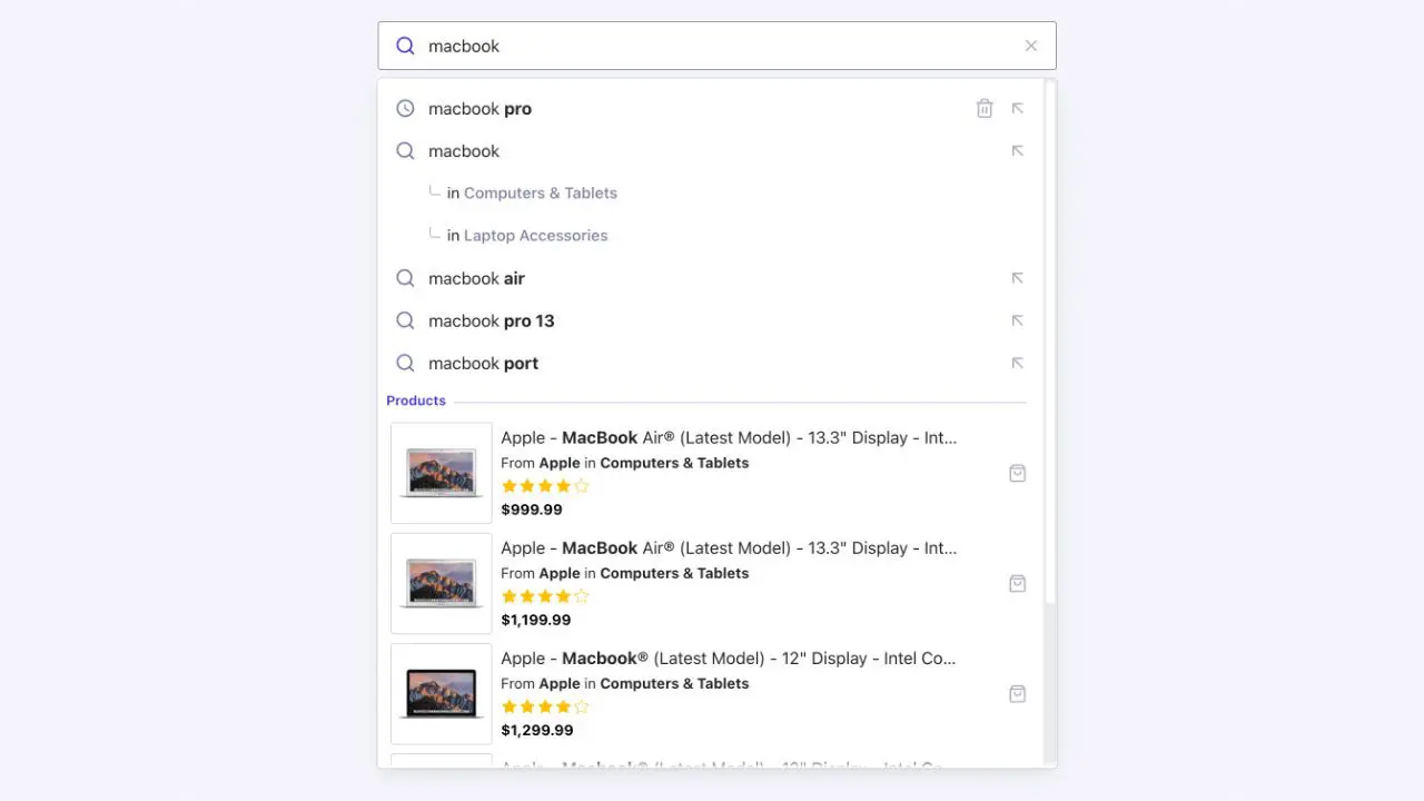 Voorbeeld van hoe de autocomplete functie van Algolia er uit ziet