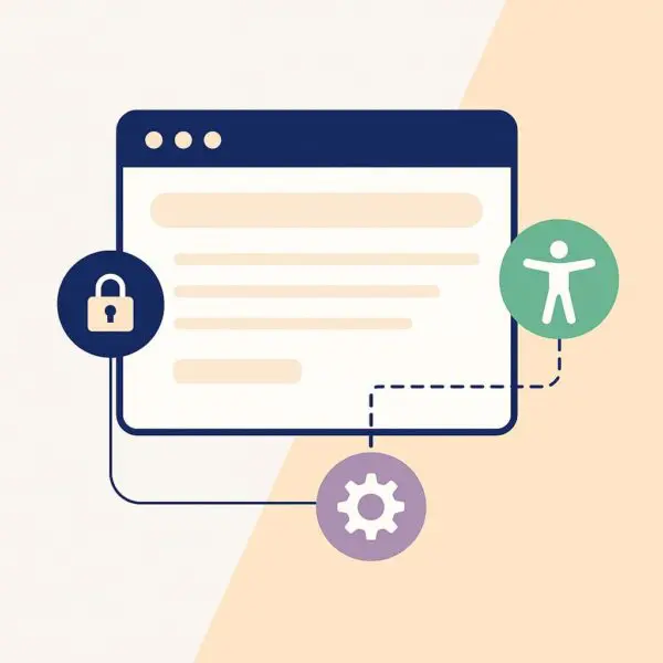 Illustratie van een gemeentewebsite met symbolen voor toegankelijkheid, veiligheid en techniek, passend bij het Open WebConcept.