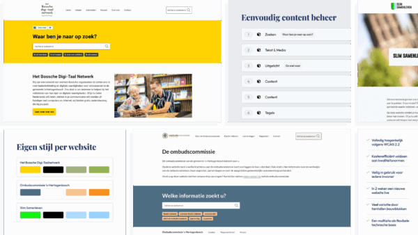 Overzicht van verschillende websites binnen de multisite van de gemeente ’s-Hertogenbosch, waaronder Het Bossche Digi-Taal Netwerk, de Ombudscommissie en Slim Samenleven. De afbeelding toont verschillende stijlen, kleuren en componenten van het CMS.