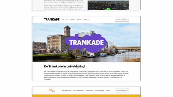 Screenshot van de website van Tramkade ’s-Hertogenbosch met een foto van de voormalige veevoederfabriek aan het water en het paarse logo “Tramkade”. Onderaan is een deel van de Heesch West-website zichtbaar met een gele kopbalk.