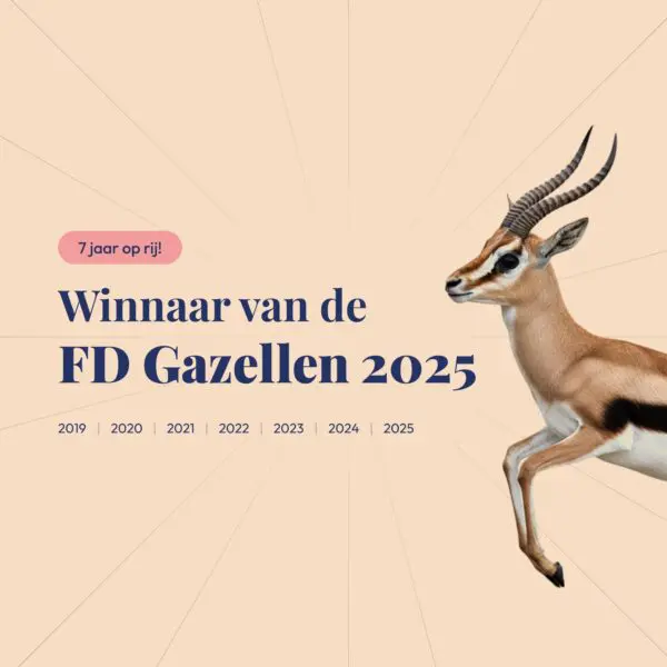 Grafisch beeld met een springende gazelle op een beige achtergrond en de tekst: ‘Winnaar van de FD Gazellen 2025 – 7 jaar op rij!’ met daaronder de jaartallen 2019 tot en met 2025.