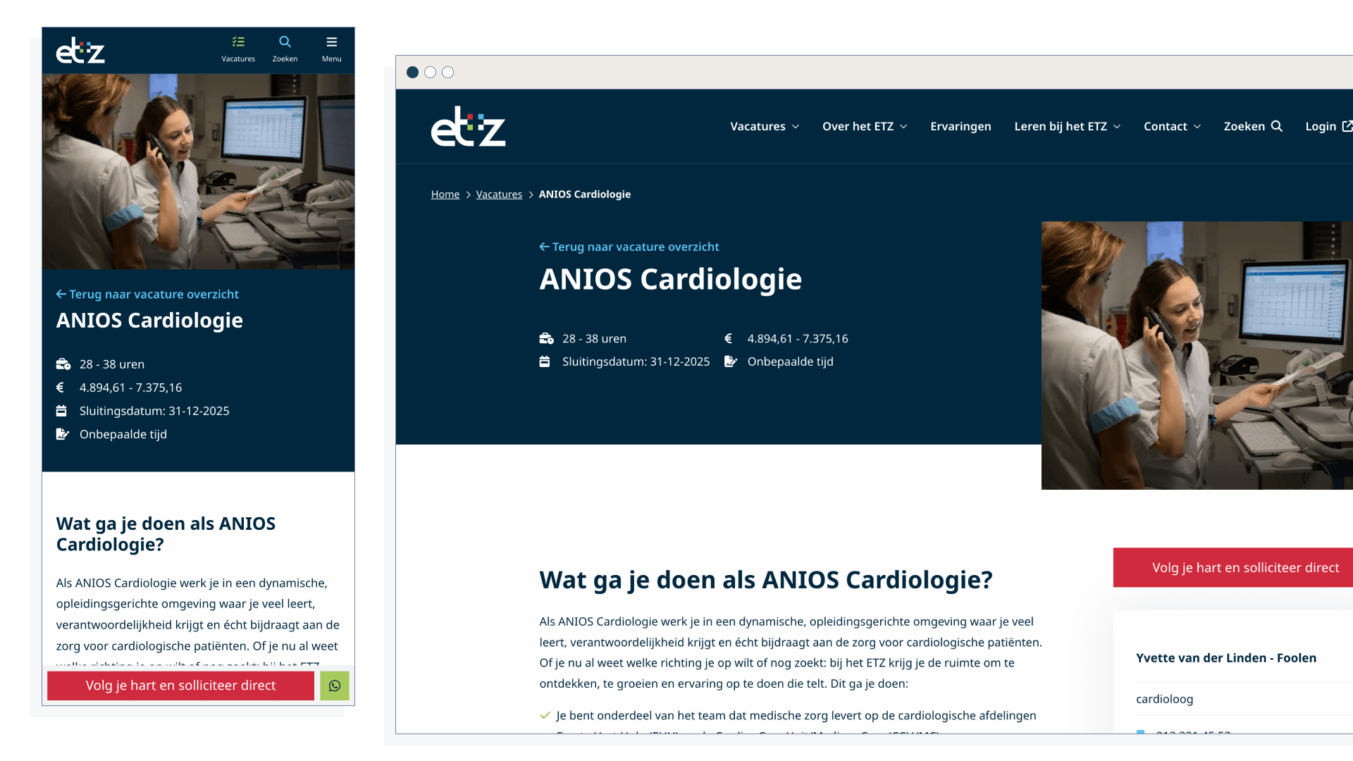 Screenshot van de vacaturepagina voor ANIOS Cardiologie op de website van ETZ, weergegeven in desktop- en mobiele weergave. Te zien zijn vacaturegegevens zoals aantal uren, salaris, sluitingsdatum en contractduur, naast een foto van twee zorgmedewerkers die ECG-gegevens bekijken.