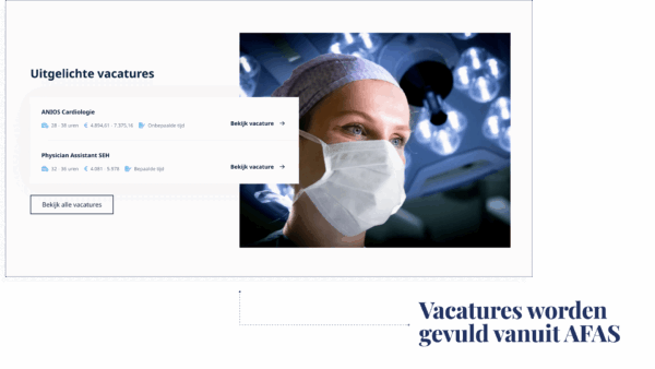 Screenshot van de website van ETZ met een overzicht van uitgelichte vacatures, waaronder ANIOS Cardiologie en Physician Assistant SEH. Rechts staat een zorgmedewerker met mondmasker in een operatiekamer.