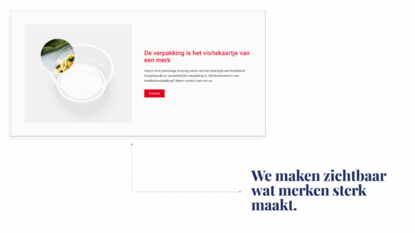Website-sectie van Koninklijke Hordijk met een afbeelding van een transparante plastic verpakking en de tekst “De verpakking is het visitekaartje van een merk”, naast de call-to-actionknop “Contact”.