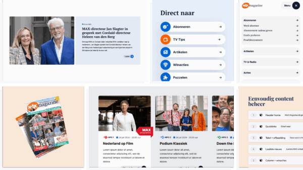 Overzicht van de website van MAX Magazine met verschillende componenten, waaronder nieuwsartikelen, programmatips, winacties en contentbeheer. Te zien zijn onder meer Jan Slagter en Heleen van den Berg, covers van het tijdschrift en een overzicht van tv-programma’s zoals Podium Klassiek.