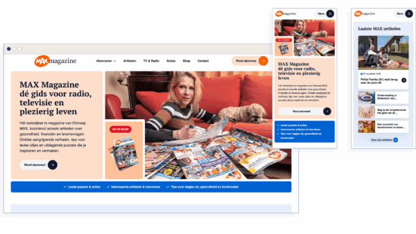 Homepage van de website van MAX Magazine met de tekst “dé gids voor radio, televisie en plezierig leven”. Op de afbeelding zit een vrouw aan tafel met een stapel MAX Magazines en een pen, naast een slapende hond op de bank.