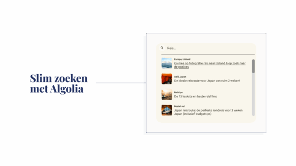 Screenshot van de zoekfunctie op de website van We Are Travellers, waarin automatisch reissuggesties verschijnen bij het intypen van zoekwoorden. Te zien zijn reisartikelen over IJsland, Japan en budgetreistips.