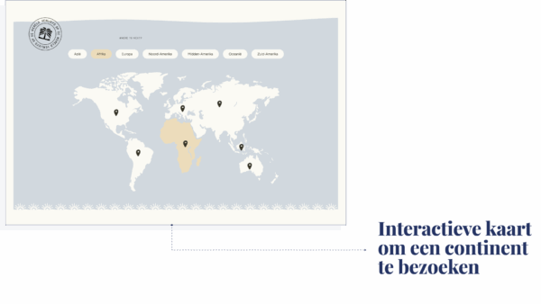 Wereldkaart op de website van We Are Travellers met markeringen per continent. Bezoekers kunnen via knoppen als Azië, Afrika en Zuid-Amerika doorklikken naar reisbestemmingen.