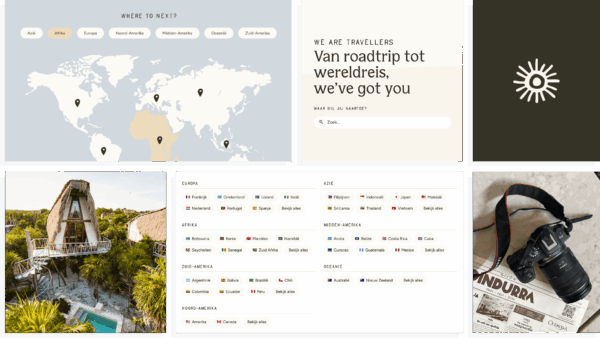 Overzicht van de website van We Are Travellers met interactieve wereldkaart, zoekfunctie en landselecties per continent. Beelden tonen onder meer een tropische lodge, camera en reisbestemmingen in verschillende werelddelen.