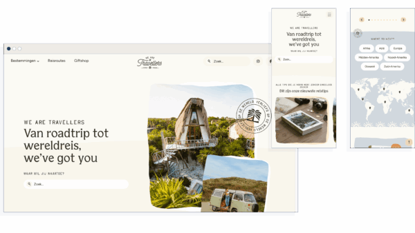 Homepage van We Are Travellers met de tekst “Van roadtrip tot wereldreis, we’ve got you”. Op de achtergrond staat een tropisch huis tussen palmbomen en een foto van een reiziger bij een busje.