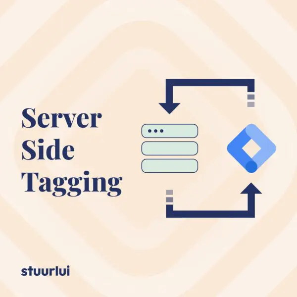 Illustratie van het concept server-side tagging: een servericoon en het Google Tag Manager-logo verbonden door pijlen, met de tekst “Server Side Tagging” en het Stuurlui-logo.