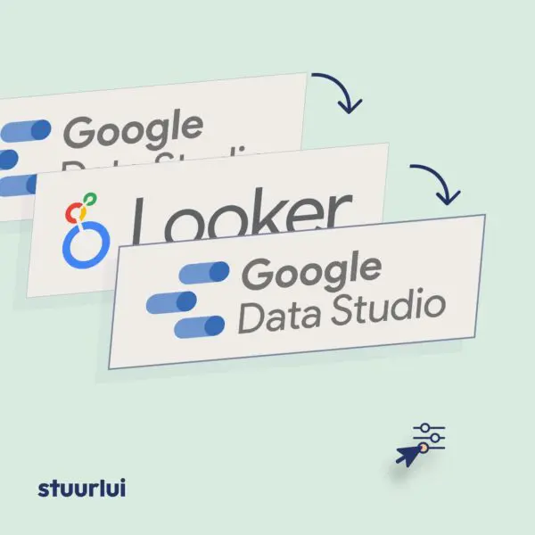Illustratie van de naamsontwikkeling van Google Data Studio naar Looker Studio en terug naar Google Data Studio