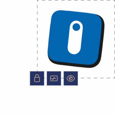 Blauw abstract icoon omringd door een gestippeld kader, met drie kleine iconen eronder: een hangslot, een hartslaglijn en een oog, die staan voor security en inzicht.