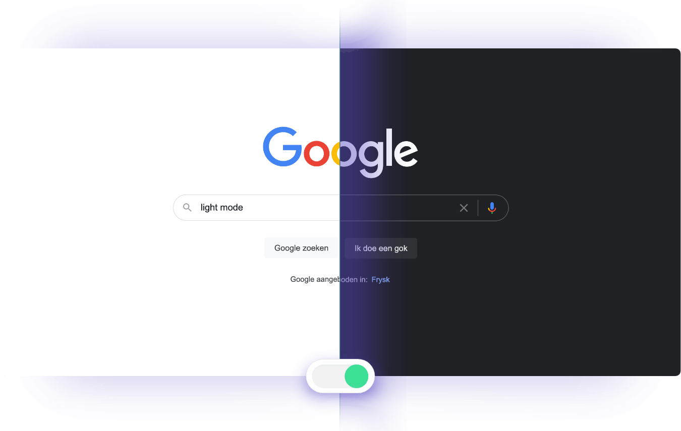 Een voorbeeld van Google.nl in light mode en dark mode