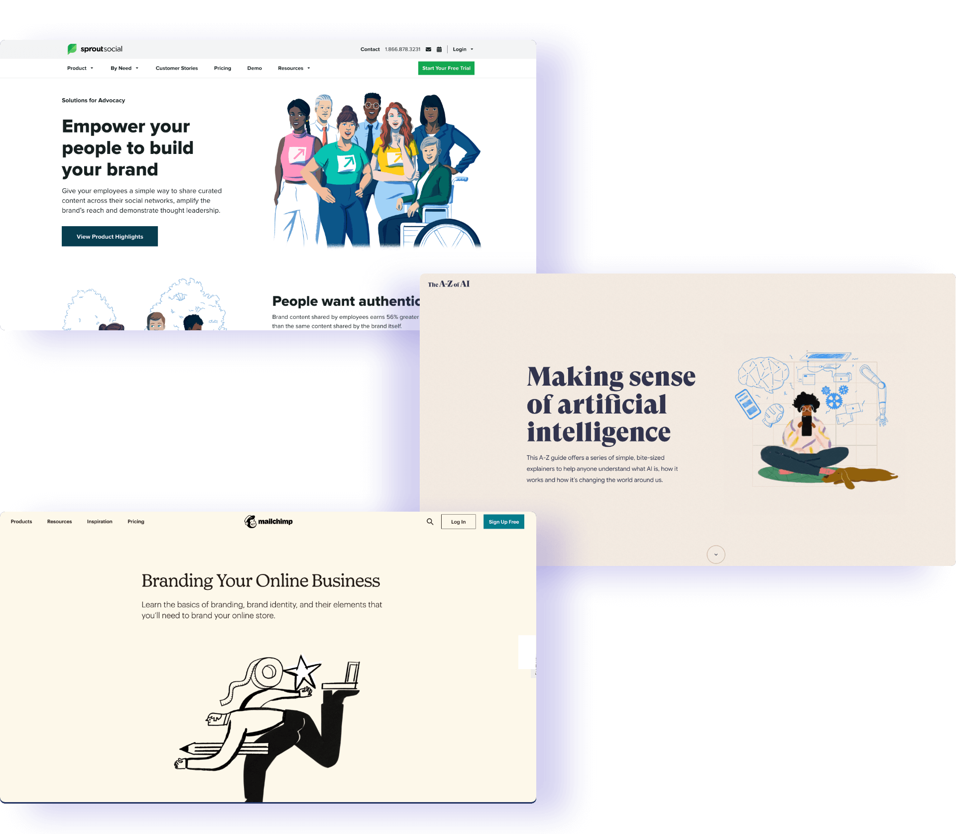 Webdesign trend 2: Drie voorbeelden van bekende websites met een goede typografie en unieke illustratiestijl.