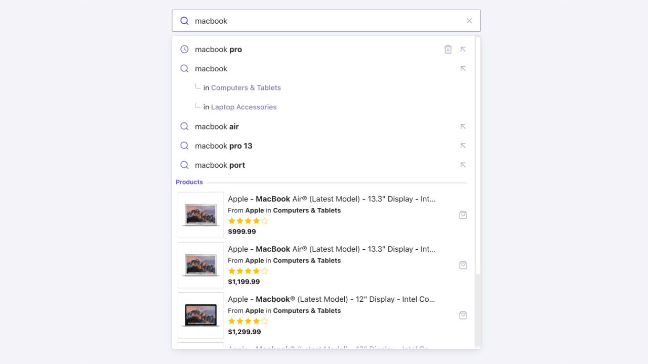 Voorbeeld van hoe de autocomplete functie van Algolia er uit ziet