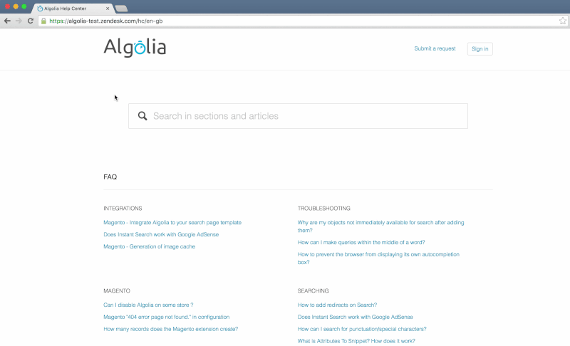Demonstratie van de autocomplete functie van Algolia bij het gebruik van Zendesk.
