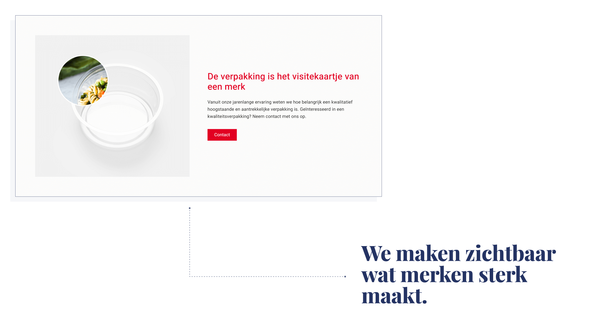 Website-sectie van Koninklijke Hordijk met een afbeelding van een transparante plastic verpakking en de tekst “De verpakking is het visitekaartje van een merk”, naast de call-to-actionknop “Contact”.