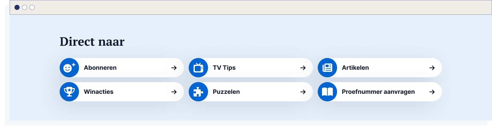 Sectie ‘Direct naar’ van de website van MAX Magazine met knoppen naar Abonneren, TV Tips, Artikelen, Winacties, Puzzelen en Proefnummer aanvragen. 